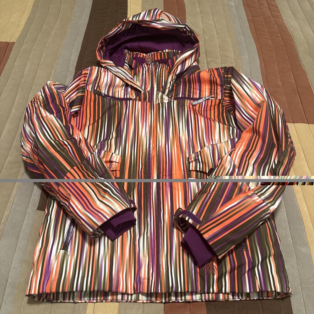 SPYDER Girls Size 16 Ski Jacket Multicolor Striped Coat Youth Hooded Insulated